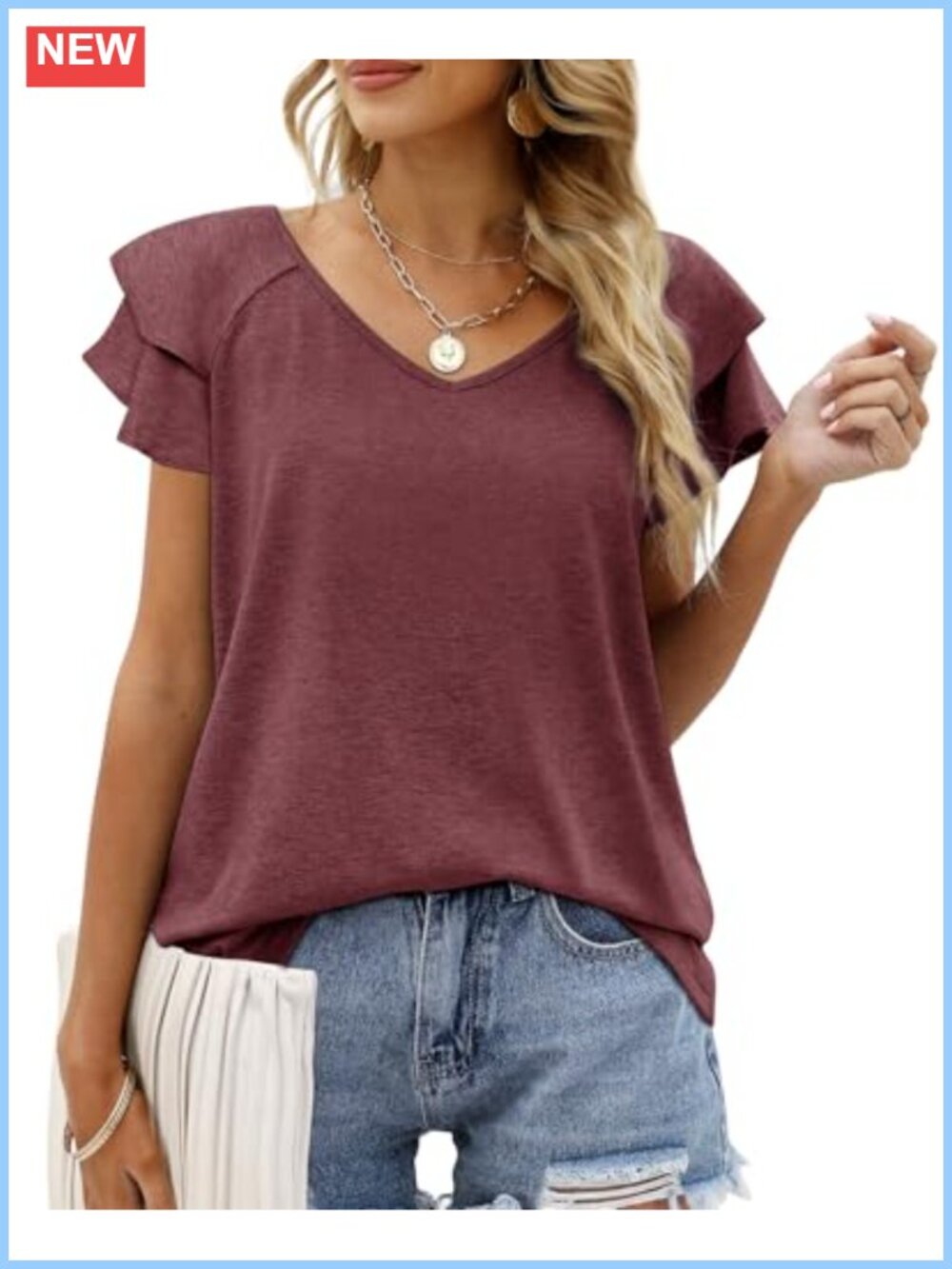 Womens Ruffle Short Sleeve V Neck T-Shirt Loose Fit Casual Top